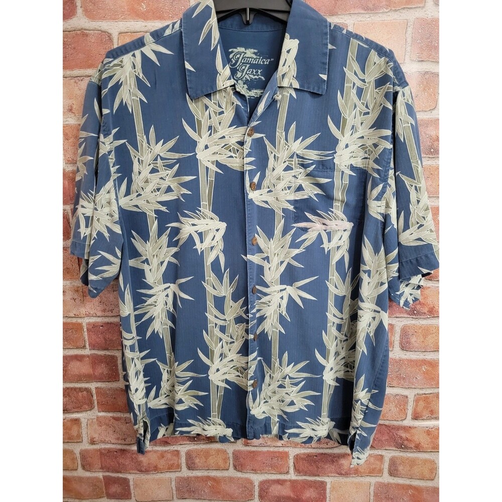 Jamaica Jaxx Hawaiian Shirt Large Silk Blue Button Down Short Sleeve Resort Wear